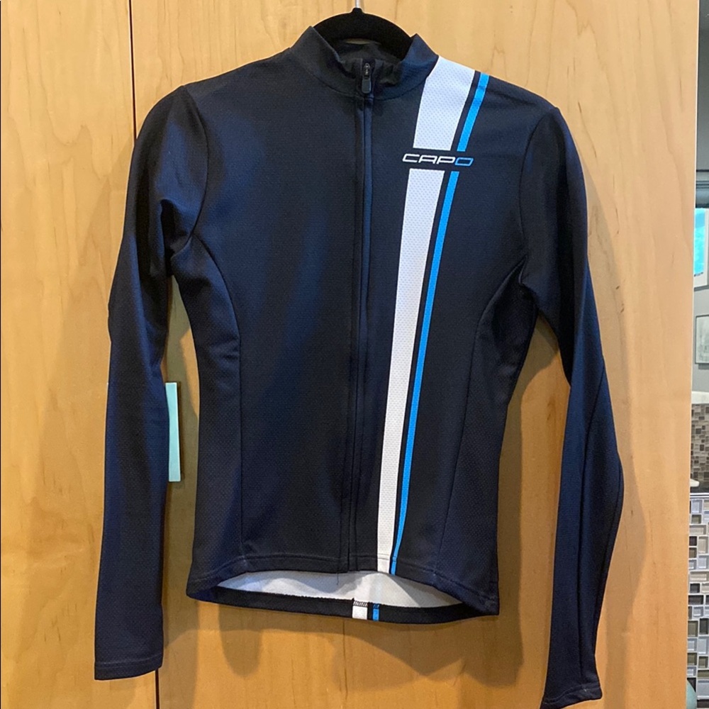 Women's Black Long-Sleeve Cycling Jersey with Blue & White Stripe